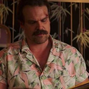 Stranger Things Men's Medium Green/Pink Hopper's Hawaiian Button-Up Shirt